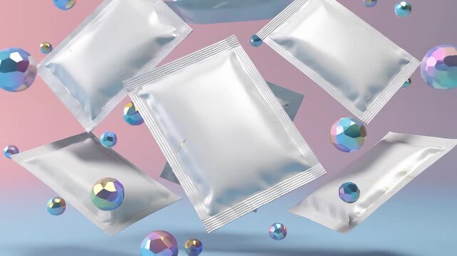 Levitating Cosmetic Sachet Mockups with Iridescent Spheres.