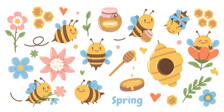 Cute cheerful honey bees in different activities flying, gathering nectar, caring for honeycombs, and visiting flowers. A playful kawaii set inspired by beekeeping, featuring sweet natural honey and b
