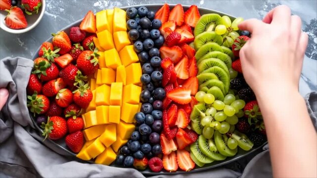 Colorful fruit platter with arranged strawberries mango kiwi and grapes food photography