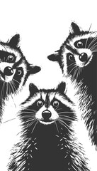 Naklejka premium three raccoons peering downward with wide-eyed expressions, ideal for humor or wildlife themes sketch engraving generative ai vector illustration. Scratch board imitation. Black and white image.