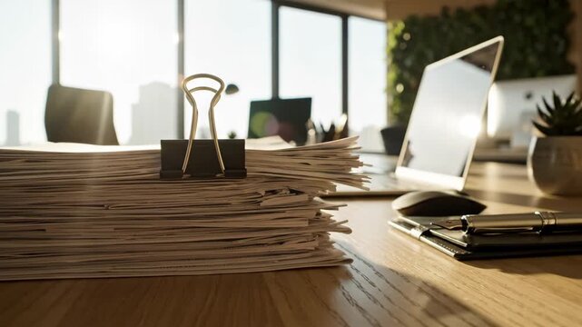 Modern Office Desk with Documents and Laptop - A well-organized workspace in a modern office features a large stack of documents secured with a binder clip.