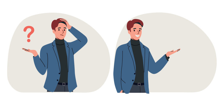 Young businessman thought about it and came up with an idea. Flat style cartoon vector illustration.