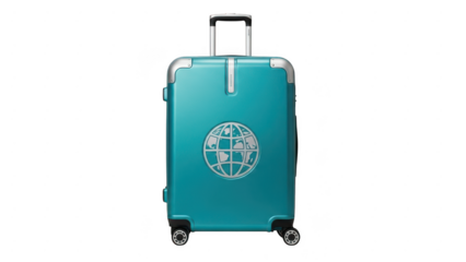 A bright teal colored hard shell suitcase with a globe emblem on the front standing upright on wheels with a retractable handle isolated on transparent background