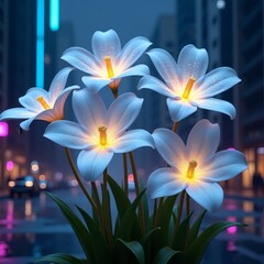 Bioluminescent white flowers bloom mysteriously amidst a futuristic cityscape at night