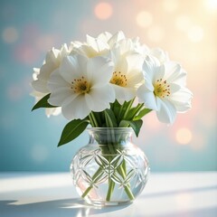 Delicate white flowers bloom vibrantly in a clear glass vase with soft bokeh lighting