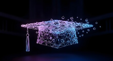Abstract digital graduation cap formed by interconnected nodes and lines, symbolizing future education and technology.