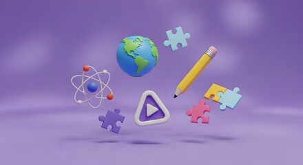 A 3D render of educational symbols including a globe, atom, pencil, play button, and puzzle pieces floating against a purple background.