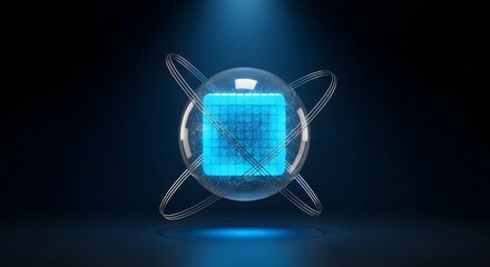 A glowing blue cube with a grid pattern is encased in a transparent sphere, surrounded by orbiting rings, illuminated by a spotlight against a dark background.