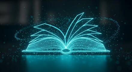 Glowing blue open book with swirling particles, symbolizing knowledge, learning, and the magic of reading.