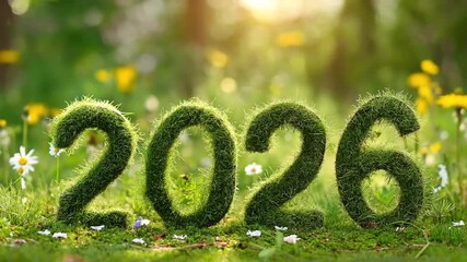 Numbers made of grass display the year 2026. Flowers grow in the background as people gather to celebrate New Year with cheers and happiness in a natural setting