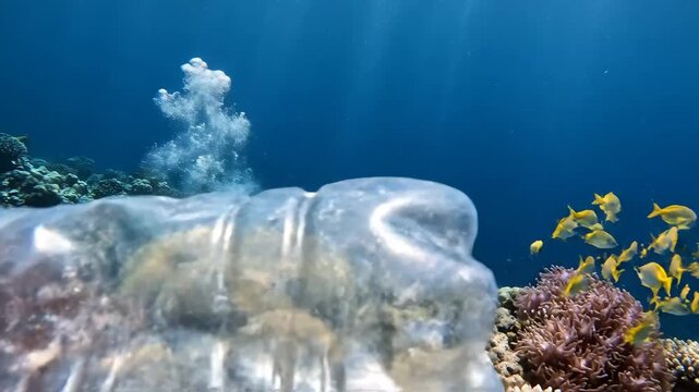 Plastic Bottle Floating in Ocean - A clear plastic bottle floats underwater, drifting across a vibrant coral reef with colourful coral and schools of fish.
