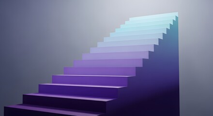 Obraz premium A set of purple stairs ascending upward into a bright, gradient light against a gray background, symbolizing progress or achievement.