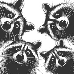 Naklejka premium Four raccoons peering downward with wide-eyed expressions, ideal for humor or wildlife themes sketch engraving generative ai vector illustration. Scratch board imitation. Black and white image.