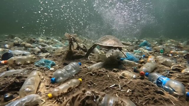 Turtle in Polluted Ocean Water - An underwater view shows a sea turtle swimming near the ocean floor, which is littered with plastic bottles and debris.