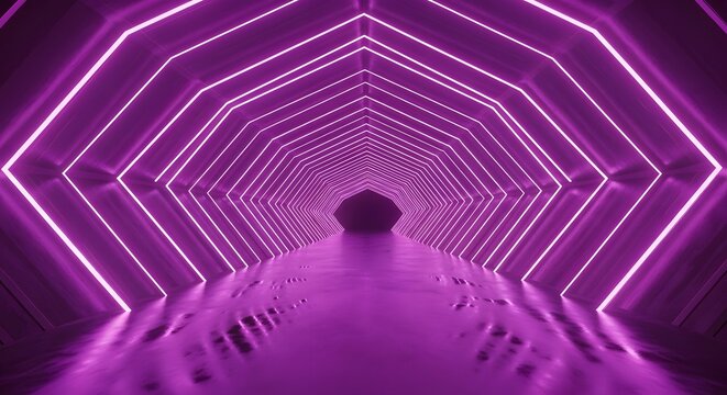 Abstract view of a purple neon tunnel with geometric shapes, creating a sense of depth and perspective.