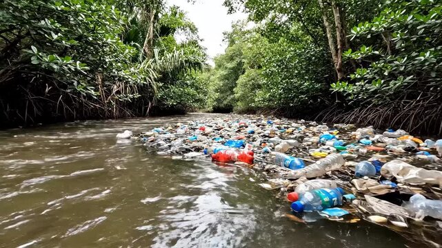 Plastic Waste Pollution in Natural Waterway - A waterway is heavily polluted with discarded plastic bottles and bags, along with a soccer ball, creating an environmental hazard.