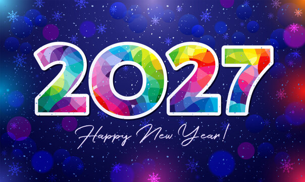 Happy New Year 2027 postcard design. Holiday backdrop with abstract elements, bokeh and snowflakes. Isolated bright number.