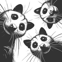 Naklejka premium wide-eyed opossums peering downward in a circle, with expressive faces and whiskers sketch engraving generative ai vector illustration. Scratch board imitation. Black and white image.