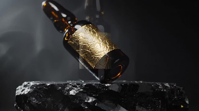 Luxury Amber Bottle with Gold Label and Smoke on Dark Background.