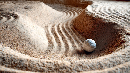 Golf ball sand bunker rake marks closeup texture curve sport Calm focus golf ball sand bunker with crisp rake marks and flowing curve texture, soft light and warm tone emphasize detail