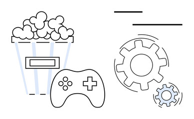 Entertainment, gaming, industry, technology, digital media, leisure activity. Popcorn bucket, gaming controller gears symbol design. Gaming and technology industries concept