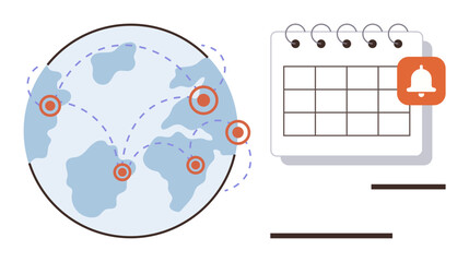 World map with connected points suggesting global links alongside a calendar with a reminder alert. Ideal for international coordination, time management, planning, organization, scheduling