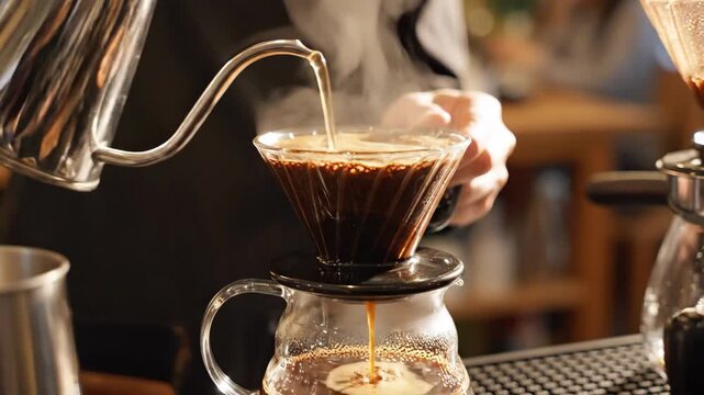 Manual Coffee Brewing - Hot water is poured over ground coffee beans during a manual brew process, with steam rising up from the filter. The brewed coffee drips into a glass carafe below.