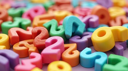 Naklejka premium 3d plastic numbers scattered randomly, with glossy textures and bright primary and secondary colors, are chunky, smooth, and toy-like, overlapping each other with playful randomness.