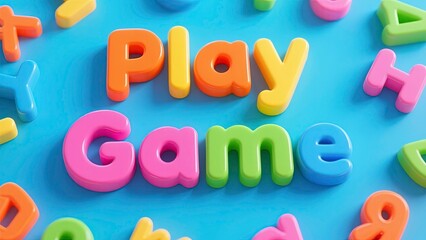 Colorful plastic toy letters scattered on a bright blue background forming the words GAME PLAY in the center.