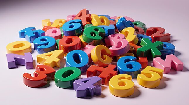 3d plastic numbers scattered randomly, with glossy textures and bright primary and secondary colors, are chunky, smooth, and toy-like, overlapping each other with playful randomness. - Powered by Adobe