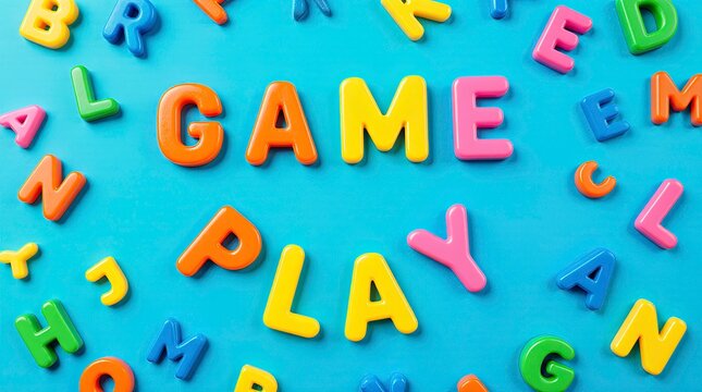 Colorful plastic toy letters scattered on a bright blue background forming the words GAME PLAY in the center.