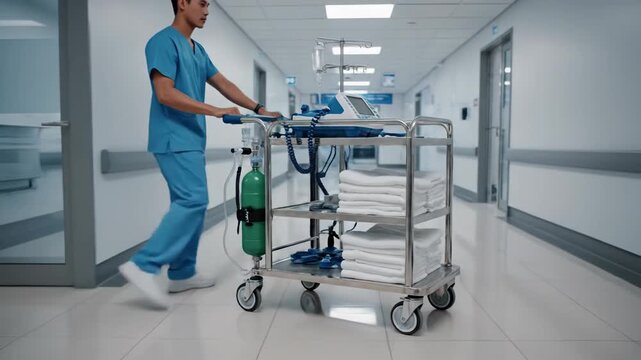 Medical Professional Pushing Hospital Cart with Supplies Down a Hallway.