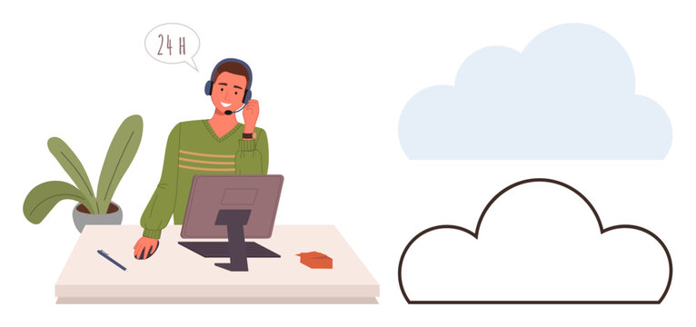 Man using headset at desk with computer and plants, speech bubble noting 24-hour support, paired with cloud elements. Ideal for customer service, cloud technology, teamwork, communication - Powered by Adobe