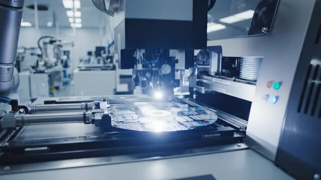 Semiconductor Wafer Inspection in Manufacturing Facility - A silicon wafer is being precisely engineered and inspected by an automated machine in a high-tech semiconductor manufacturing facility.