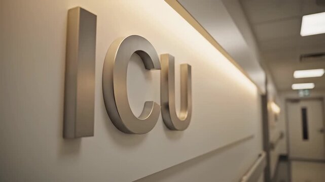Metallic ICU Intensive Care Unit Sign in a Modern Hospital Hallway.
