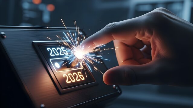 Metallic texture shows hand changing 2025 to 2026 with sparks. Ideal for future concepts, technology visuals, or innovation posters.