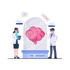 Healthcare Innovation concept. Doctors engage with a virtual brain model in a modern medical setting, showcasing advancements in VR technology in medicine. Vector illustration.