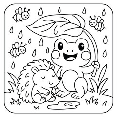 Cute Frog Holding Leaf Umbrella with Hedgehog in Rain – Kids Coloring Page