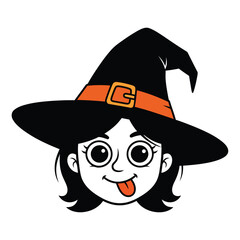 A playful cartoon illustration of a young witch wearing a black hat with an orange band and sticking out her tongue.