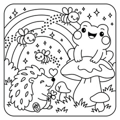 Cute Frog on Mushroom with Hedgehog and Bees Under Rainbow – Kids Coloring Page