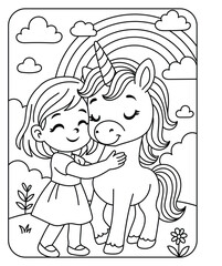 Cute Girl Hugging Unicorn Under Rainbow – Kids Coloring Page