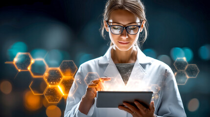 Female scientist lab coat glasses tablet touch hexagon glow bokeh technology research innovation digital data analysis laboratory medical healthcare science future interface hologram network
