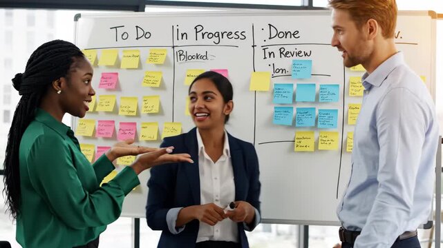 Agile Project Management Workshop - A diverse group of professionals engages in project management using sticky notes on an agile board during a collaborative workshop.