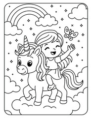 Cute Girl Riding Unicorn on Clouds with Rainbow – Kids Coloring Page