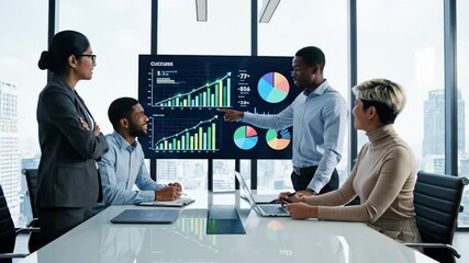 Business Professionals Discussing Data Analytics - A diverse team of professionals is in a meeting, discussing data analytics and business growth strategies. - Powered by Adobe