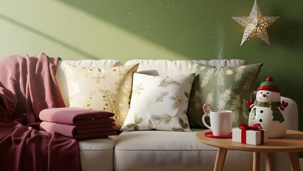 Festive Christmas scene features soft lighting, throws, pillows, snowman, gift, cocoa. Ideal for holiday branding, poster, or website background.