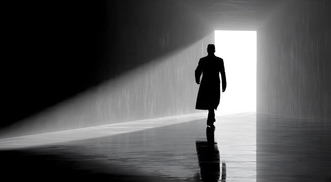Dramatic high-contrast silhouette of a person walking out of the darkness and into a bright, unknown future