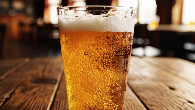 Refreshing Golden Beer on Wooden Table - A close-up shot of a refreshing glass of golden beer with a frothy head sits on a rustic wooden table.