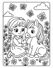 Obraz premium Cute Girl with Pony in Flower Garden – Adorable Kids Coloring Page