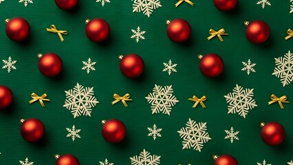 Festive Green: Shows red baubles, gold ribbons, white snowflakes on a green textured background. Great for holiday cards, banners, Christmas posters.